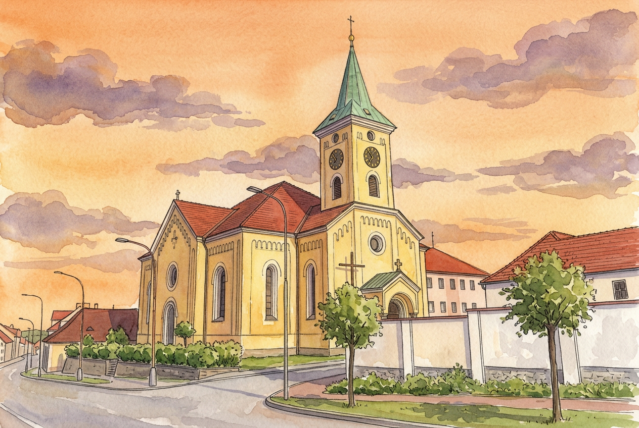 Akvarelová kresba kostela svatého Václava v Lišově